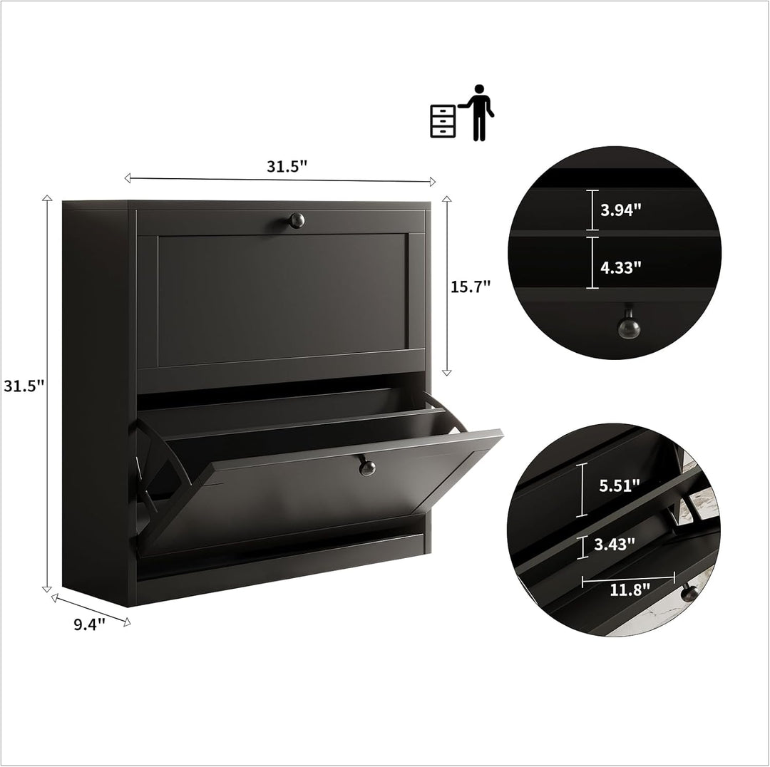 VOWNER Schuhschrank mit 2 Klappen, Schuhregal Schuhkipper Schmal, mit 4 Fächern, Schuhschrank Schwar