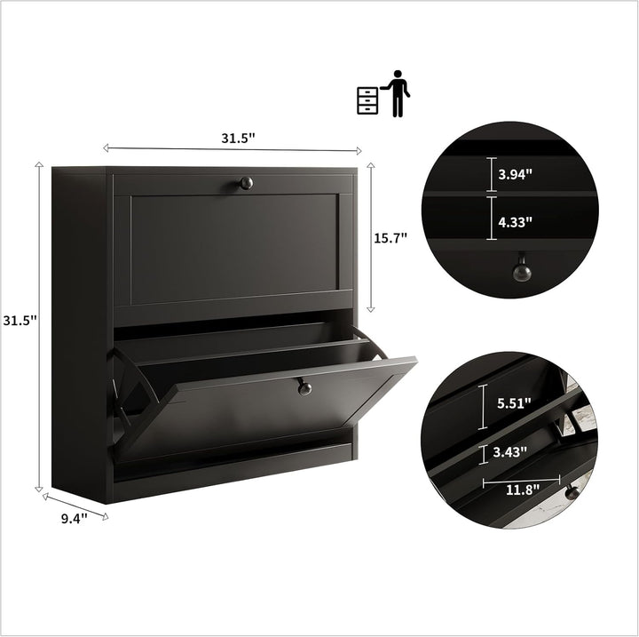 VOWNER Schuhschrank mit 2 Klappen, Schuhregal Schuhkipper Schmal, mit 4 Fächern, Schuhschrank Schwar
