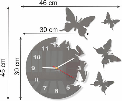 Grosse moderne Wanduhr Schmetterling Grau rund 30cm, 3d DIY, Wohnzimmer, Schlafzimmer, Kinderzimmer,