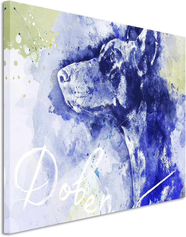 Paul Sinus Art Bild Leinwand 120x80cm Dobermann im Seitenprofil in Blautönen mit Kalligraphie, 120x8