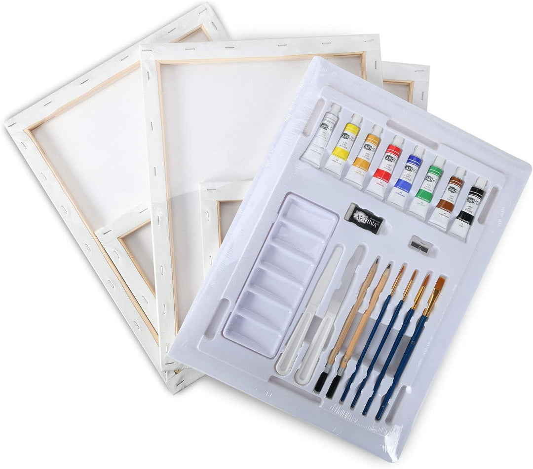 Artina 24tlg Acrylfarben Set Corsica – Malset Acryl mit Keilrahmen 30x40cm & 20x20cm, 8X 12ml Acrylf