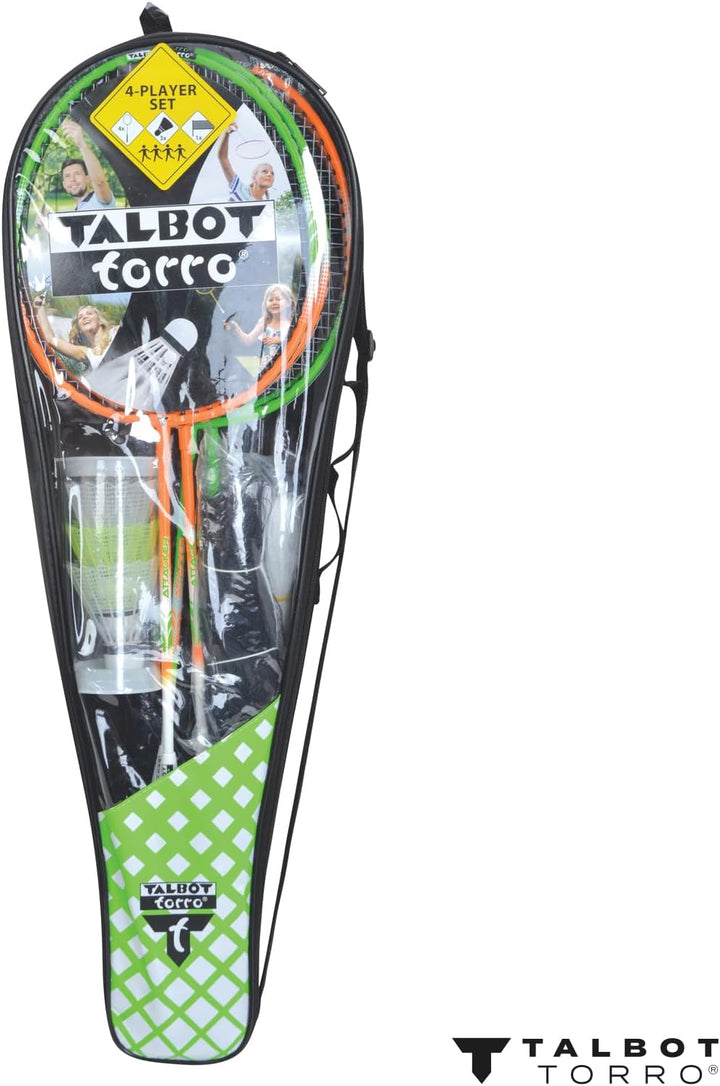 Talbot-Torro Badminton-Set 4-Attacker Plus, Kolmplettset mit 4 Schläger, 3 Federbälle, komplette Net