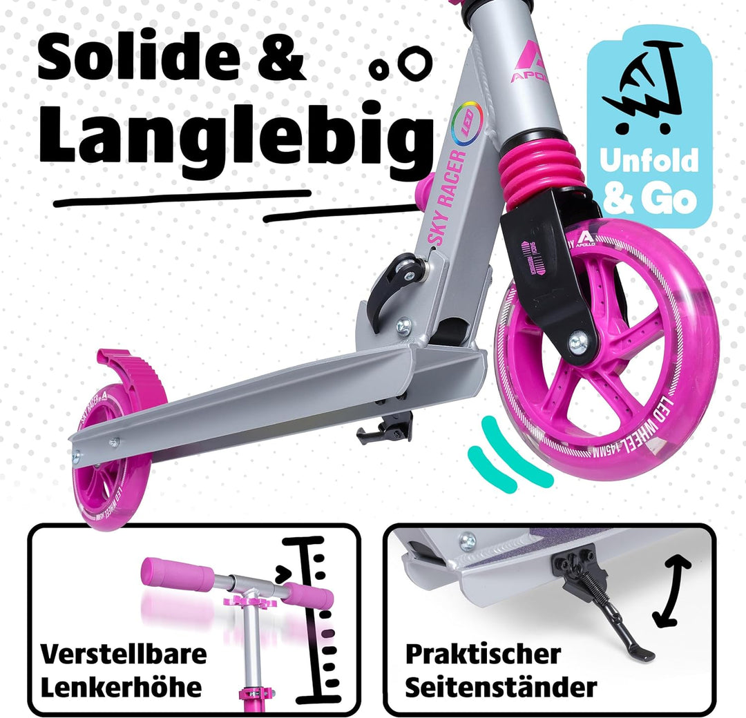 Apollo Skyracer City Roller mit LED Leuchträdern | Roller Kinder 6 Jahre | City Scooter mit Federung