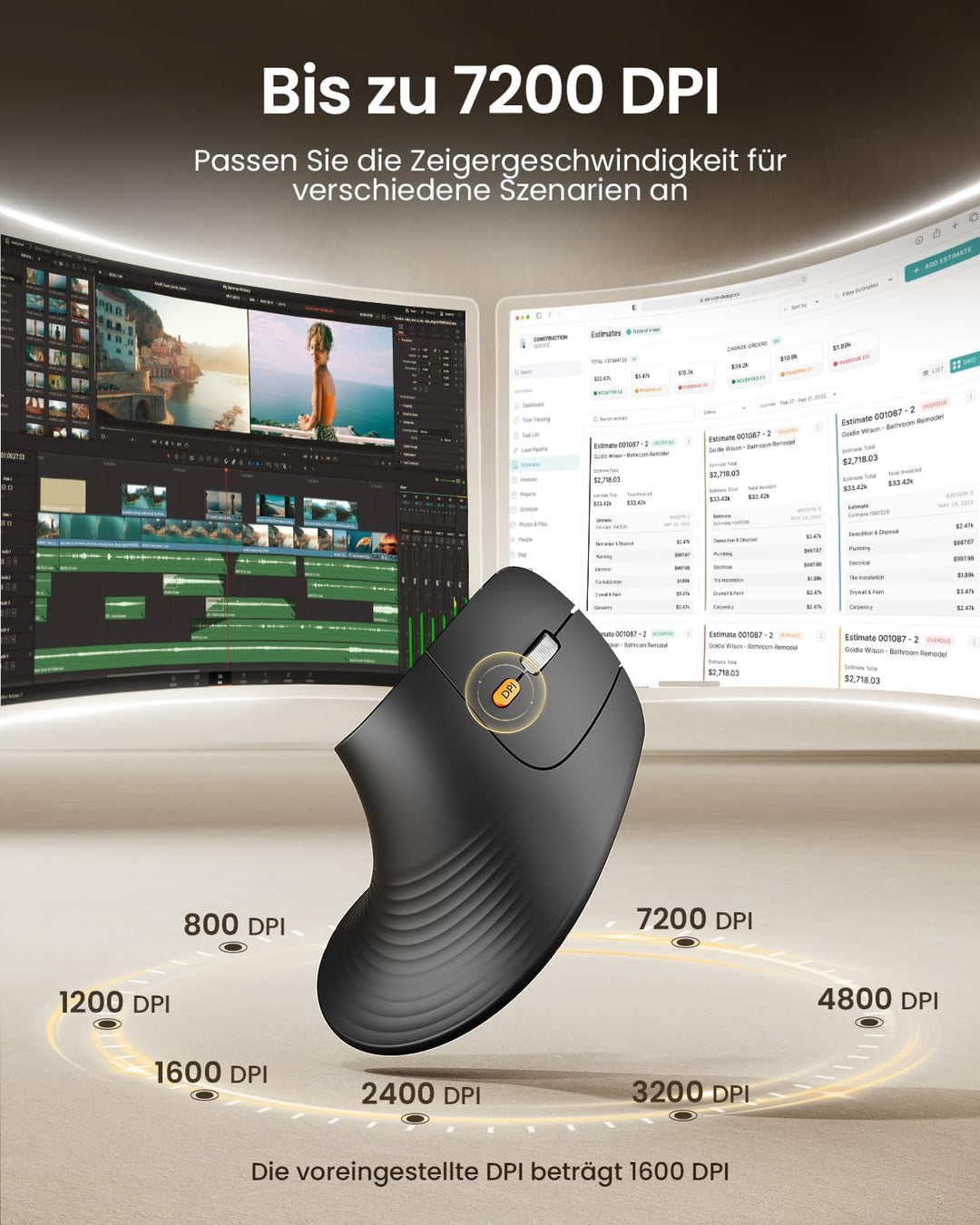 ProtoArc EM11 Pro Ergonomische Vertikale Maus mit Seitenscroll, Anpassbare Tasten, 2*Bluetooth + 2,4