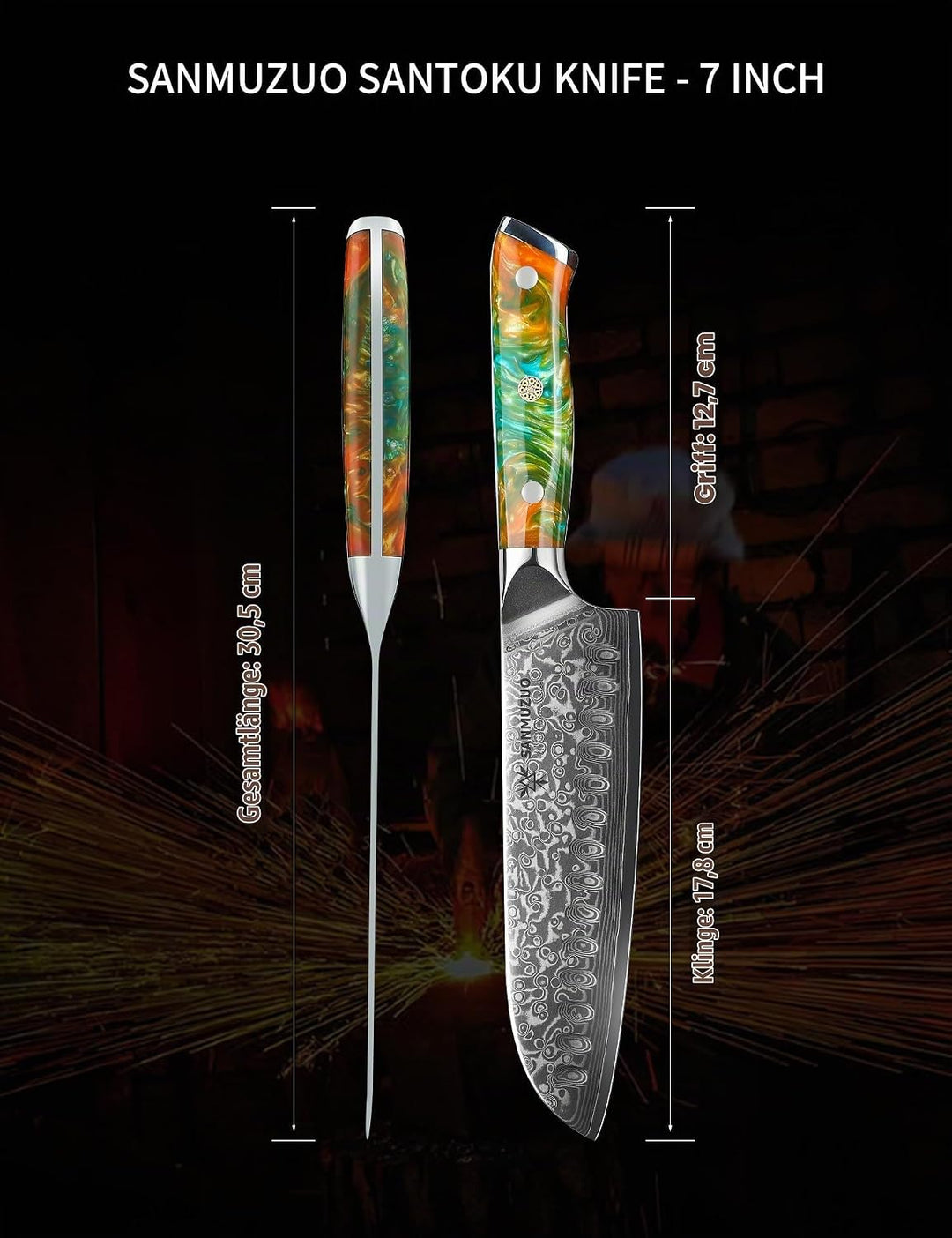Damastmesser 18 cm Santokumesser - Japanisches Kochmesser - VG 10 Damaskus Stahl Küchenmesser mit Ha