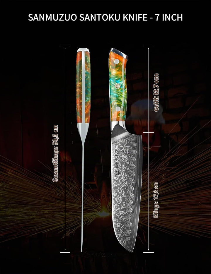 Damastmesser 18 cm Santokumesser - Japanisches Kochmesser - VG 10 Damaskus Stahl Küchenmesser mit Ha