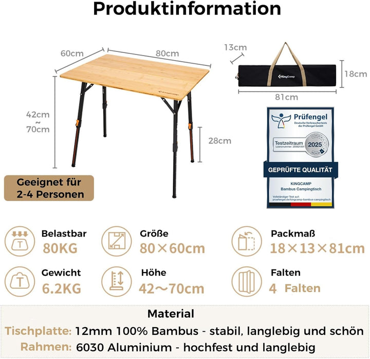 KingCamp Campingtisch Bambus 80 x 60 cm Klapptisch höhenverstellbar 42~70cm für 2-4 Personen 4 Falte