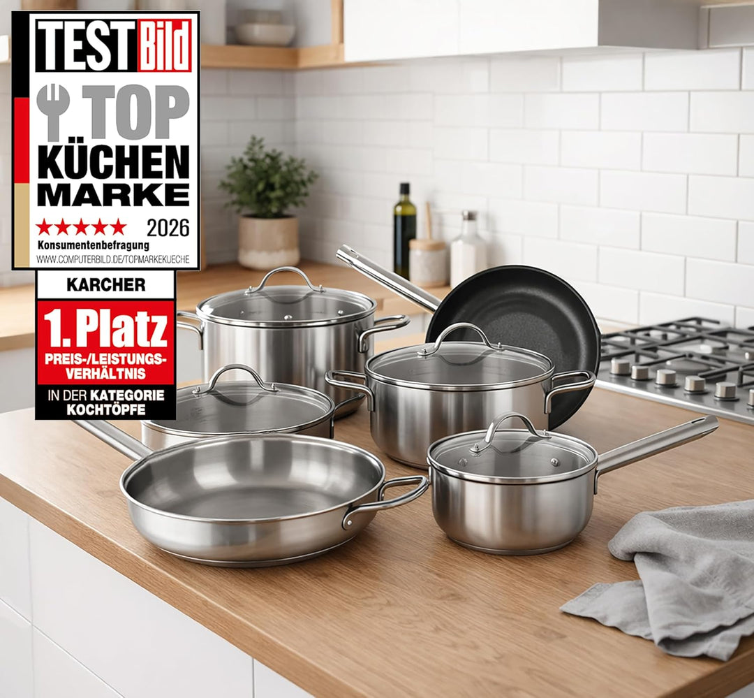 Karcher Topfset Jovita aus Edelstahl, Kochgeschirr Induktion-Kochtopf-Set, Töpfe mit Glasdeckel/Pfan