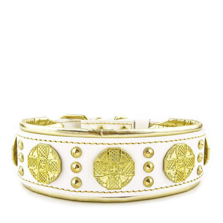 Bestia Maximus Weiss Echtleder Hundehalsband für grosse Hunde. 100% Leder. Weich gepolstert. 6,3 cm