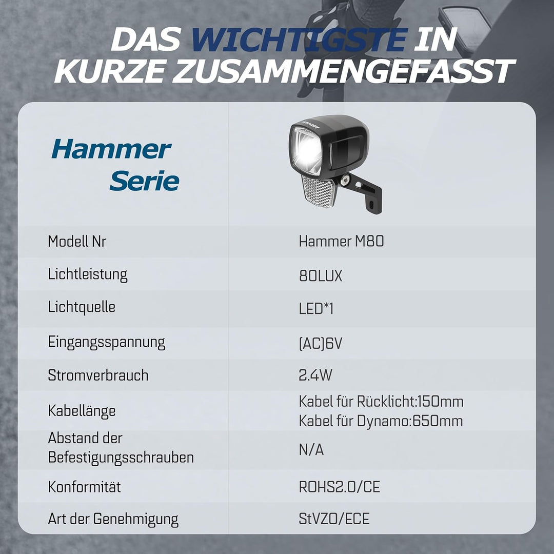 Dynamo Frontlicht 80 Lux Hammer M80 – Fahrradlampe mit Helligkeitssensor, Standlicht, StVZO & ECE zu