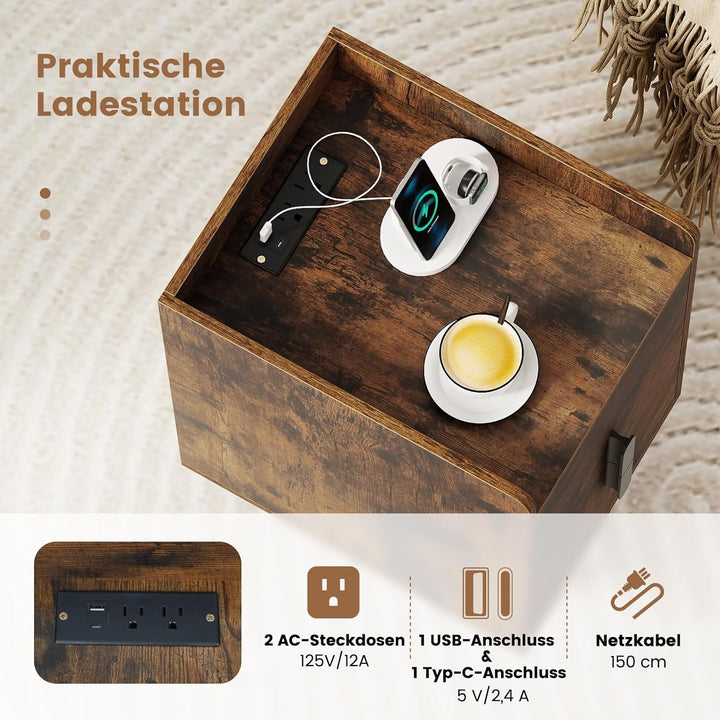 COSTWAY Nachttisch mit Ladestation, schmaler Nachtschrank mit 2 Schubladen, Beistelltisch mit Metall