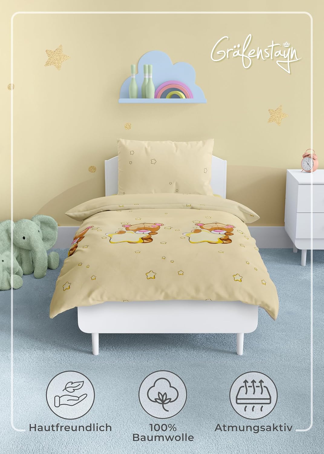 Gräfenstayn® 2-tlg. Kinderbettwäsche Set mit Tiermotiv und integriertem Reissverschluss - aus 100% B