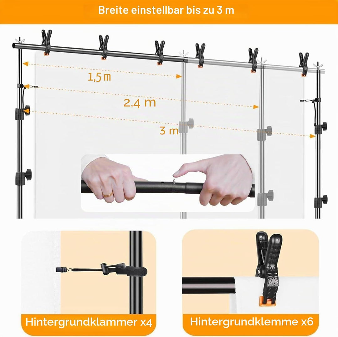 EMART Foto Hintergrund Ständer Fototudios, 2,6m x 3m Verstellbarer Hintergrundsystem mit 6 Hintergru