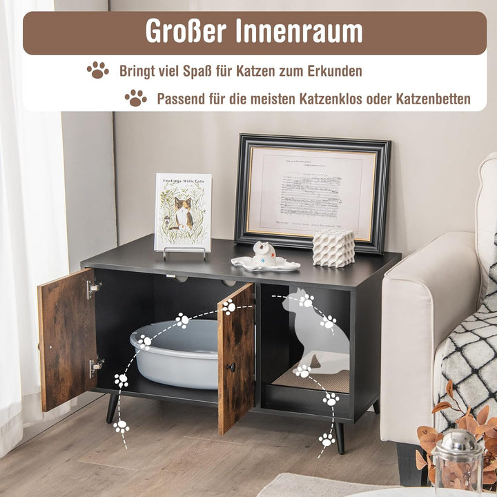 COSTWAY Katzenschrank für Katzentoilette, 2 in 1 Beistelltisch Katzenhaus, Katzenklo Schrank mit Kra