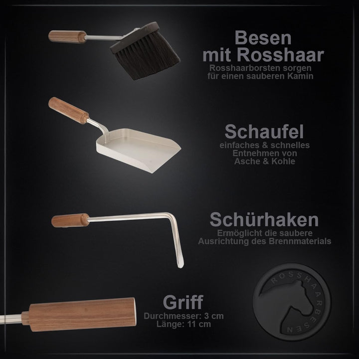 MS Beschläge® Kaminbesteck Kaminset Kamingarnitur Ofenset mit Nussholzgriffen und Besteck aus Edelst