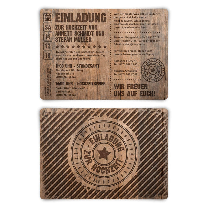 40 x Hochzeitseinladungen individuelle Einladungskarten zur Hochzeit DIN A6 - Grunge/Holz, 40