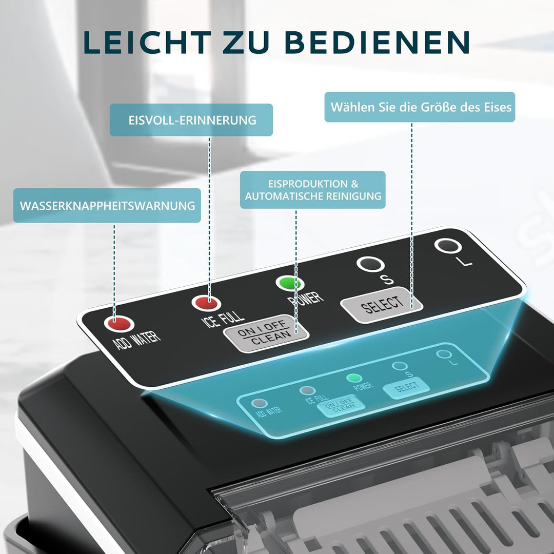 EUHOMY Eiswürfelmaschine, 9 Würfel in 6 Min, Bullet-Eismaschine, 2 Würfelgrössen, Edelstahl-Eismasch