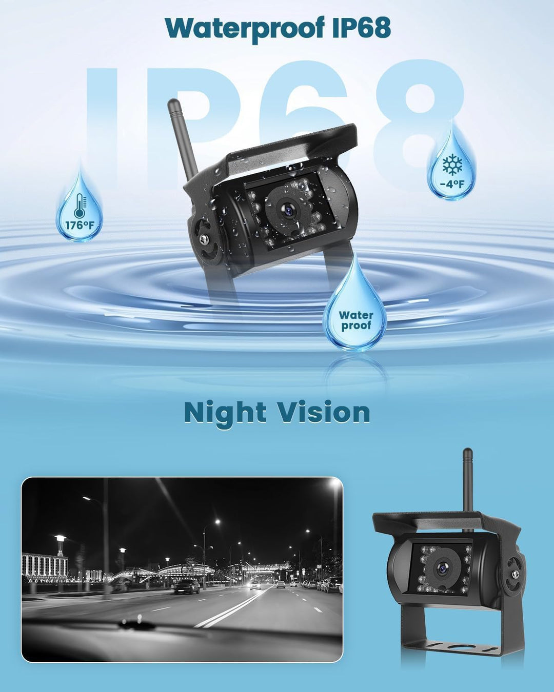 Wireless Reversing Camera Kit mit 7-Zoll-IPS-Bildschirm, Anti-Interferenz, IP68 wasserdichte IR-Nach