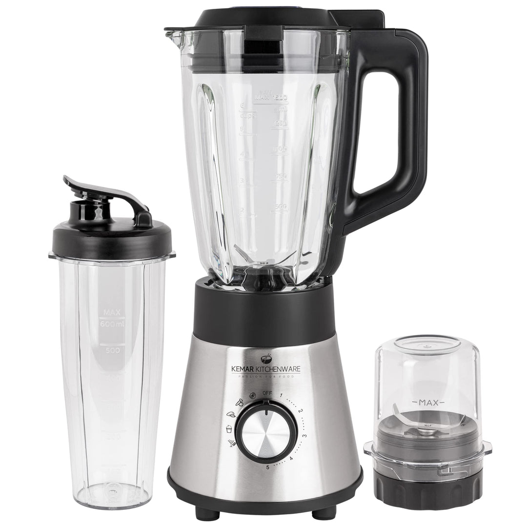 KeMar Standmixer 2-in-1 Edelstahl silber - 1,5l Glasbehälter 5 Programme 1000W abnehmbare Klinge - S