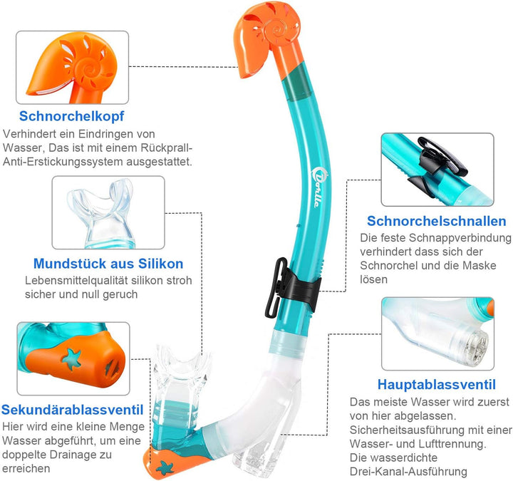 Dorlle Kinder Schnorchelset Tauchset Schnorchelmaske mit 3-Kanal Premium Dry Schnorchel und Anti-Lec