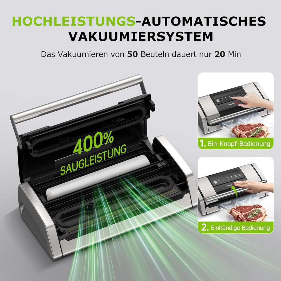 Bonsenkitchen Vakuumiergerät 15 L/min, Vakuumierer mit Beutelclip, Griffverriegelung und Integrierte