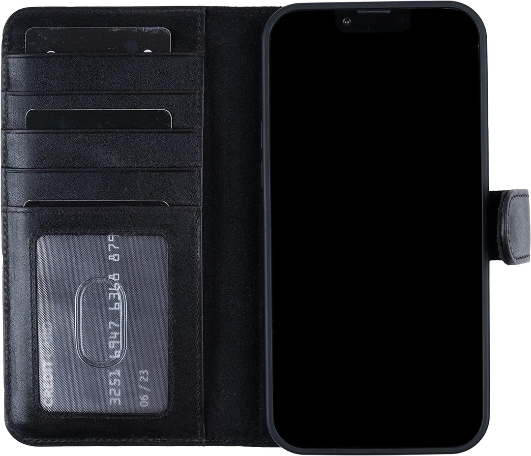 HANS/SON Echtlederhülle für iPhone 14 Plus | 6,7 Zoll | 2 in 1 Ledercase mit Kartenfächern | Schwarz