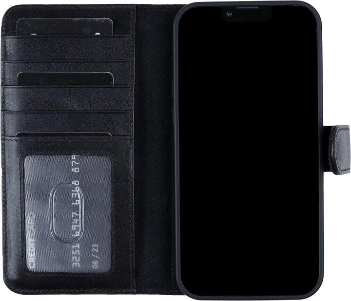 HANS/SON Echtlederhülle für iPhone 14 Plus | 6,7 Zoll | 2 in 1 Ledercase mit Kartenfächern | Schwarz