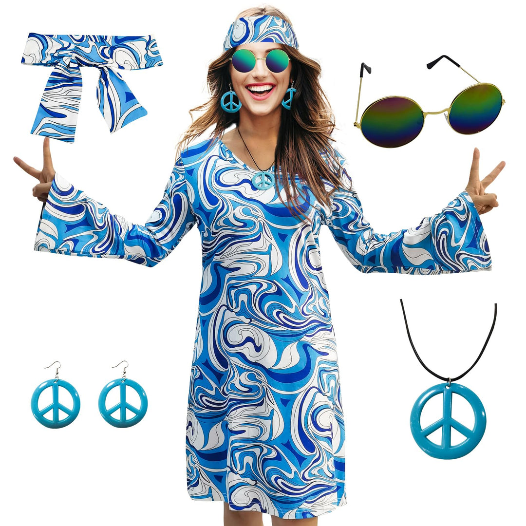 MRYUWB Damen-Hippie-Kleid, 1970er-Kostüm, mit Halskette, Ohrringen, Sonnenbrille, Disco-Outfit, 1960