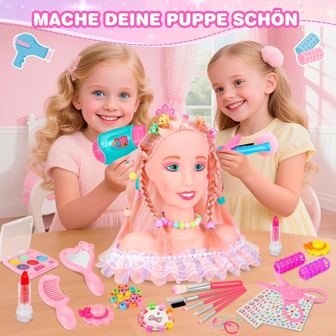 MOMOSTAR 58 Stück Frisierkopf Kinder Set, Schminkkopf für Mädchen, Puppenkopf Zum Frisieren Kinder m