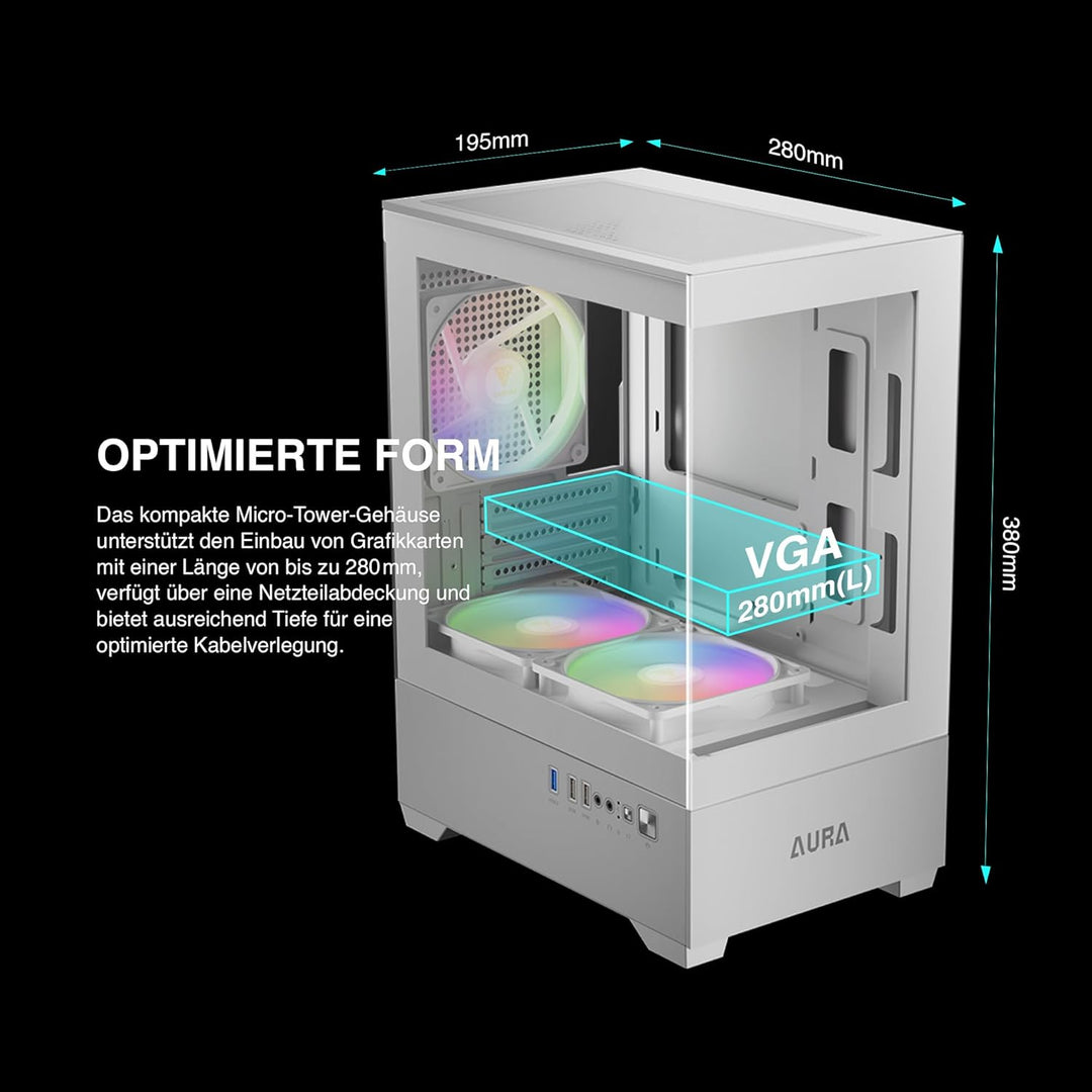 GAMDIAS Aura GC9M ARGB WH M-ATX Micro Tower PC-Gehäuse, Nahtloses Seitenteil aus Gehärtetem Glas, 3