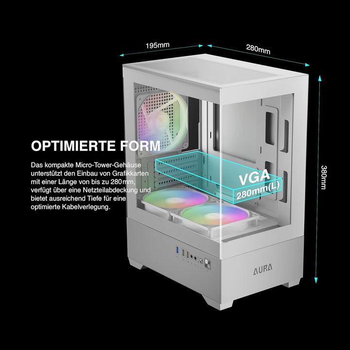 GAMDIAS Aura GC9M ARGB WH M-ATX Micro Tower PC-Gehäuse, Nahtloses Seitenteil aus Gehärtetem Glas, 3