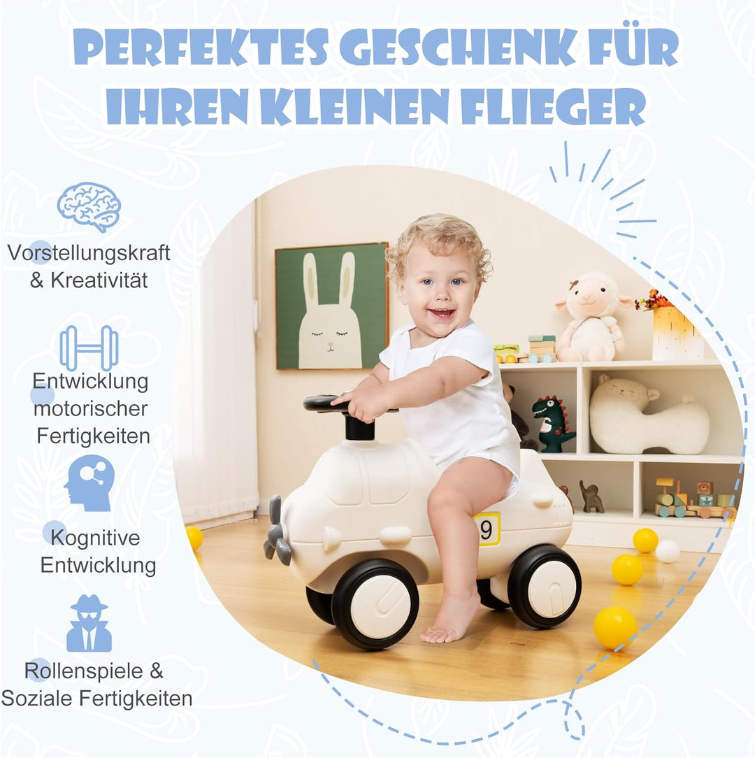 DREAMADE Rutschauto, Rutschfahrzeug in Flugzeugform mit Propeller, Lauflernwagen mit Lenkrad & 4 Räd