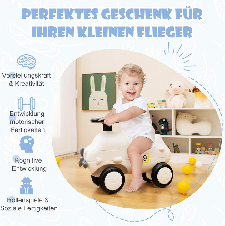DREAMADE Rutschauto, Rutschfahrzeug in Flugzeugform mit Propeller, Lauflernwagen mit Lenkrad & 4 Räd