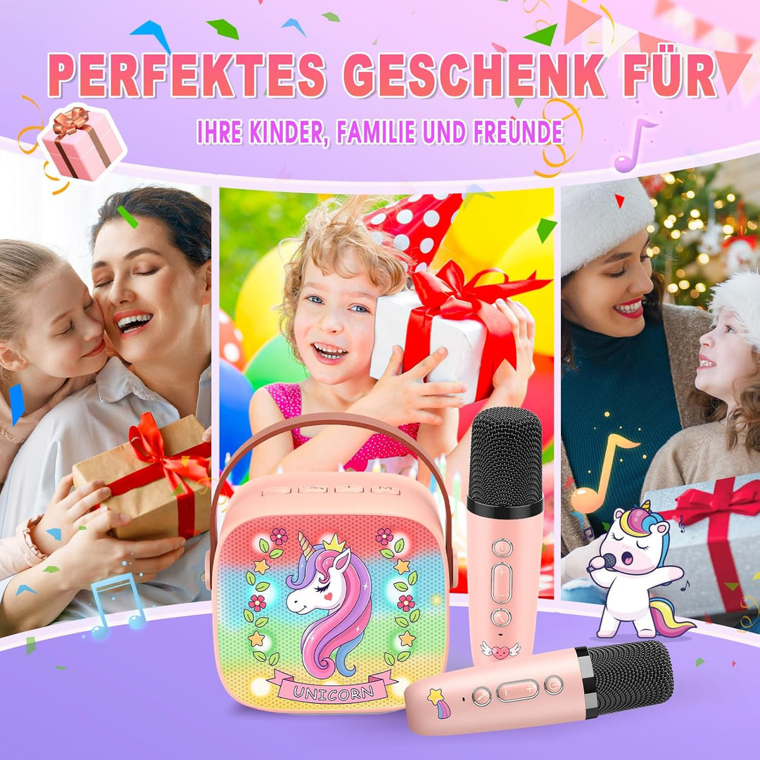 Dislocati Karaoke Maschine mit 2 Bluetooth Mikrofon Kinder, Einhorn Geschenk für Mädchen 3-12 Jahre