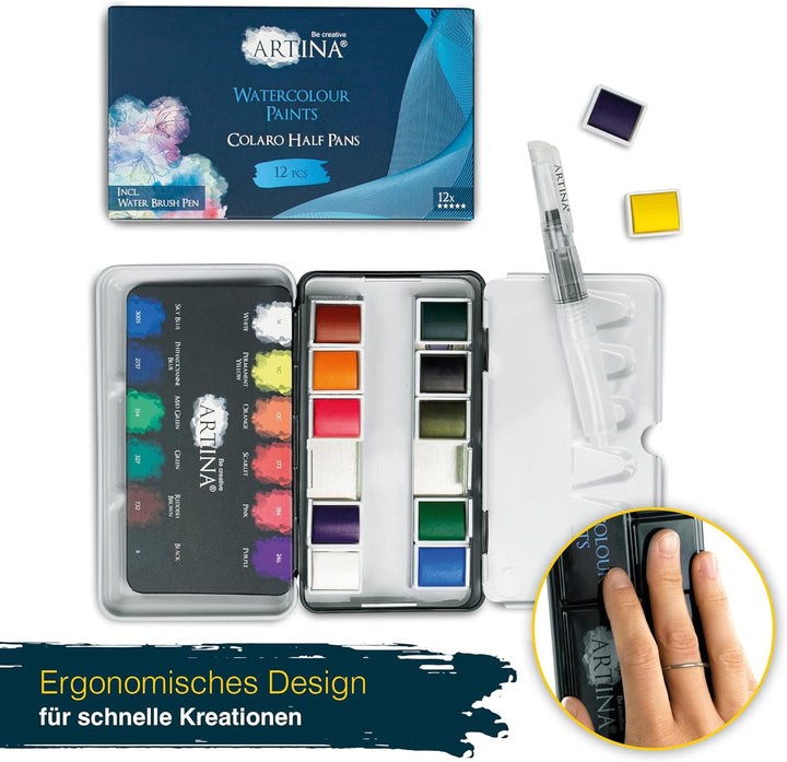 Artina Colaro Farbkasten Aquarellfarben 12 Set Wasserfarbe Malkasten Metallkasten mit Aquarell Palet