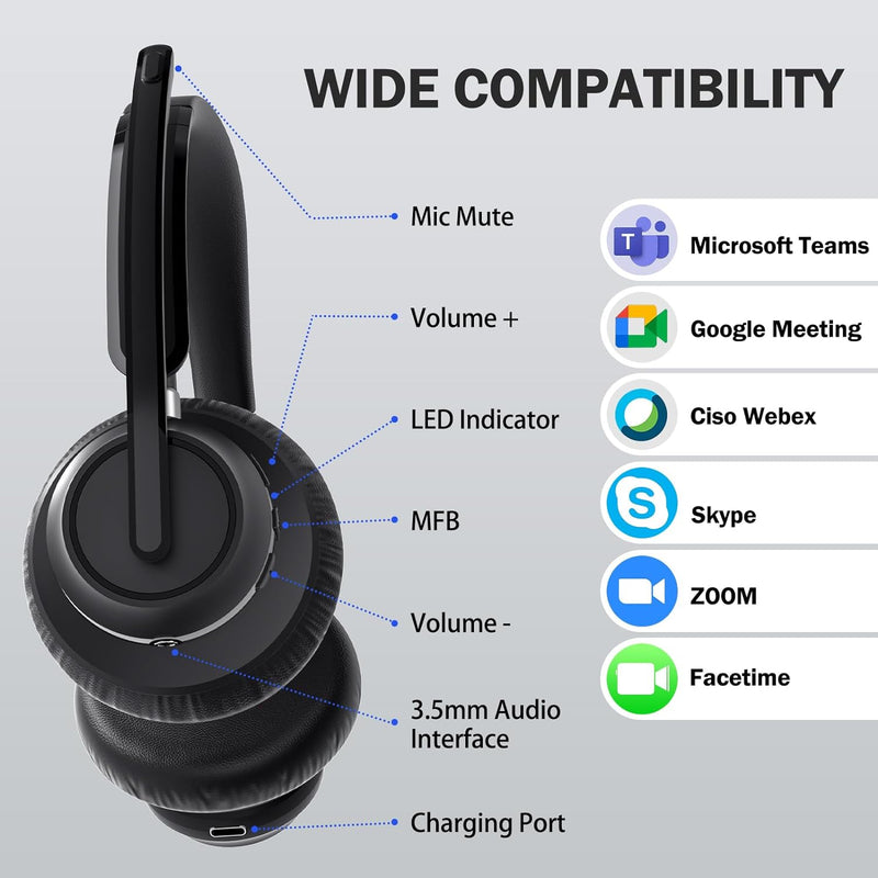 seenda Kabelloses Headset mit Mikrofon Bluetooth 5.3 Headset mit AI Geräuschunterdrückung mit Blueto