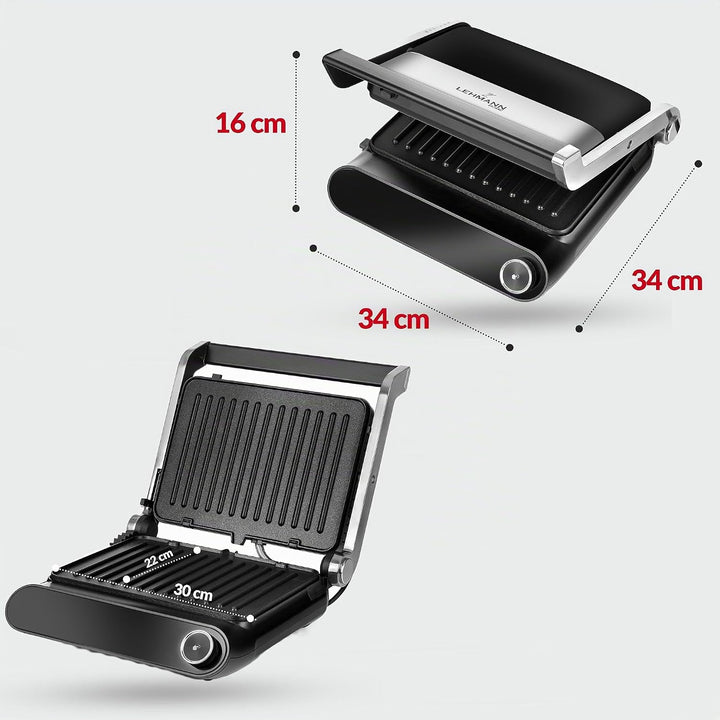 LEHMANN Kontaktgrill, 2200 W, Tischgrill 180° aufklappbar - Grillfläche bis 1320 cm², Abnehmbare Ant