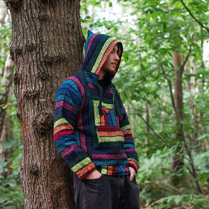 Siesta Baja Hoodie – Mexikanischer Jerga Hippie Pulli Kapuzenpullover für Herren und Damen M Regenbo