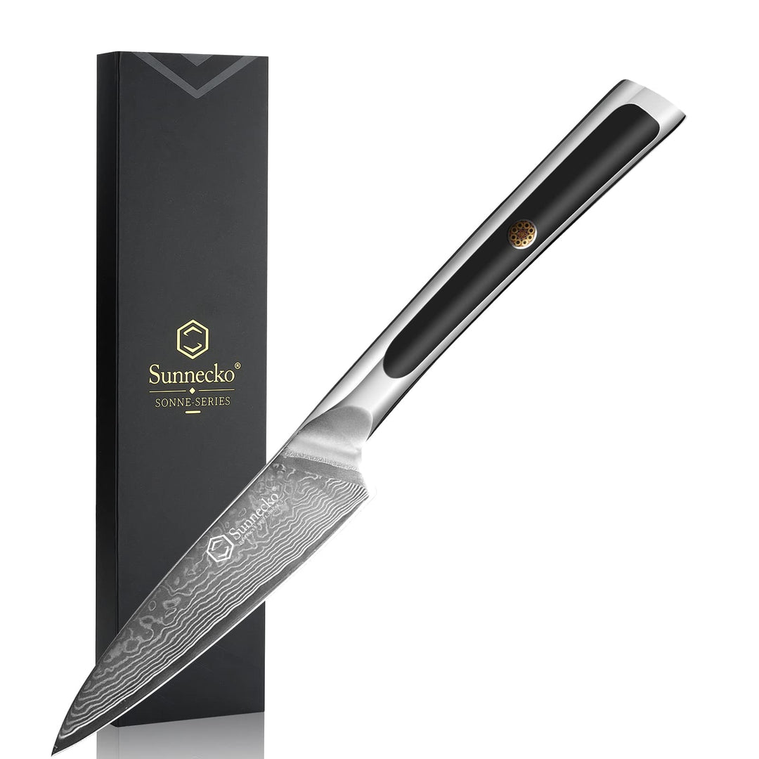 Sunnecko Obstmesser Gemüsemesser Spickmesser 3,5 Zoll, mit 67-Schichten Damaststahl VG-10 Klinge Kle