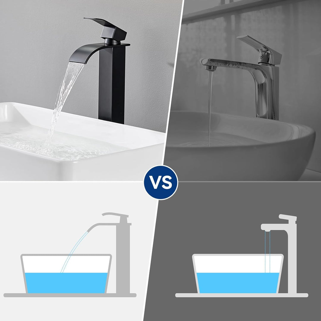 CECIPA Wasserhahn Bad Schwarz Hoch, Waschtischarmatur Wasserfall, Armatur Badezimmer Edelstahl, Wasc