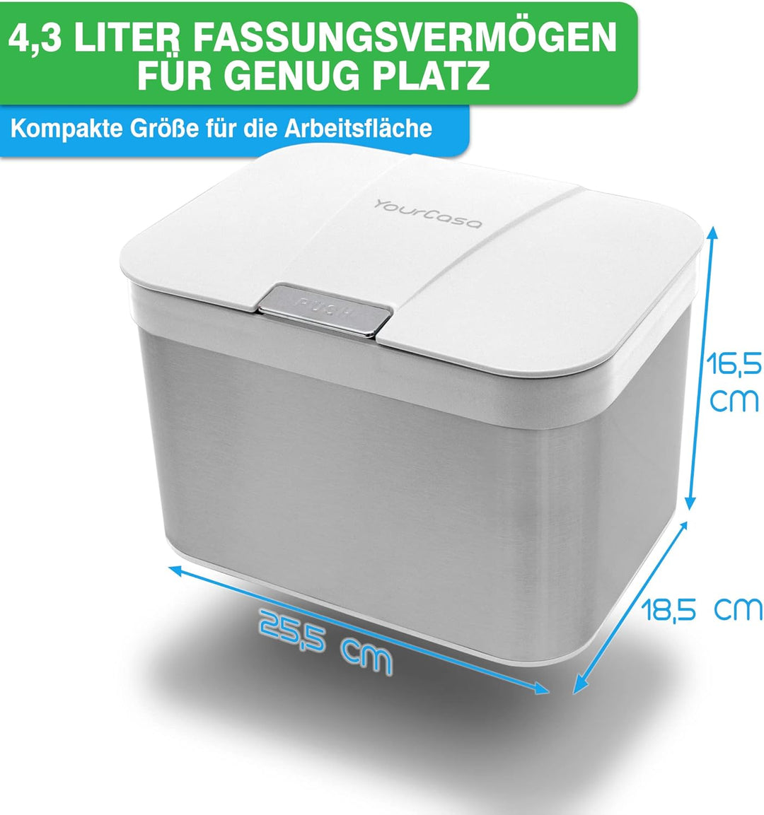 YourCasa® Biomülleimer Küche 4,3 L aus Edelstahl - geruchsdichter Bio Mülleimer mit Deckel & spülmas