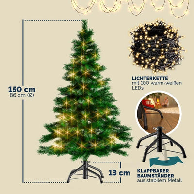 CASARIA® Weihnachtsbaum künstlich 150cm mit Lichterkette 100 LED warm weiss inkl. Metallständer 360