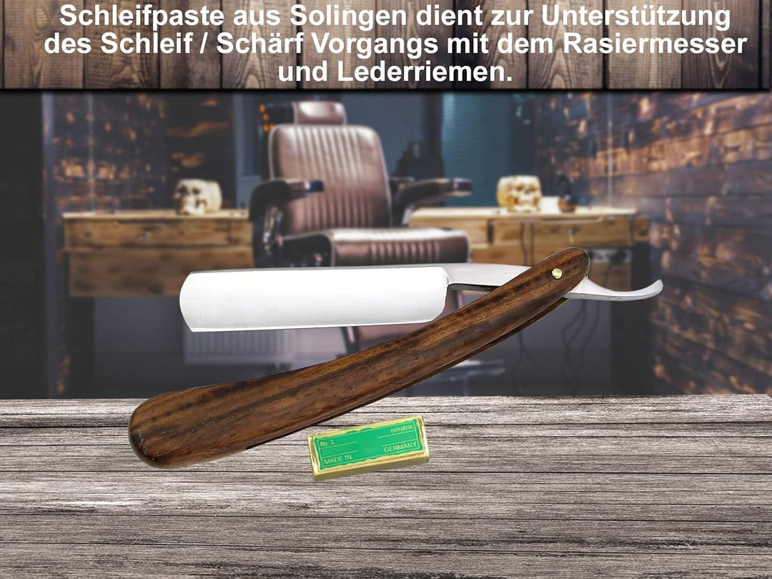 Rasiermesser Set mit Paste aus Solingen und Profi Streichriemen und Holzgriff Rasiermesser 5/8 Zoll