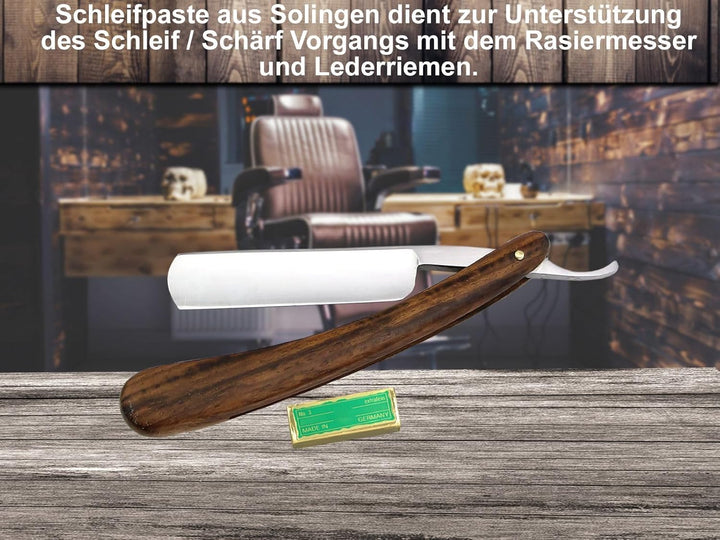 Rasiermesser Set mit Paste aus Solingen und Profi Streichriemen und Holzgriff Rasiermesser 5/8 Zoll