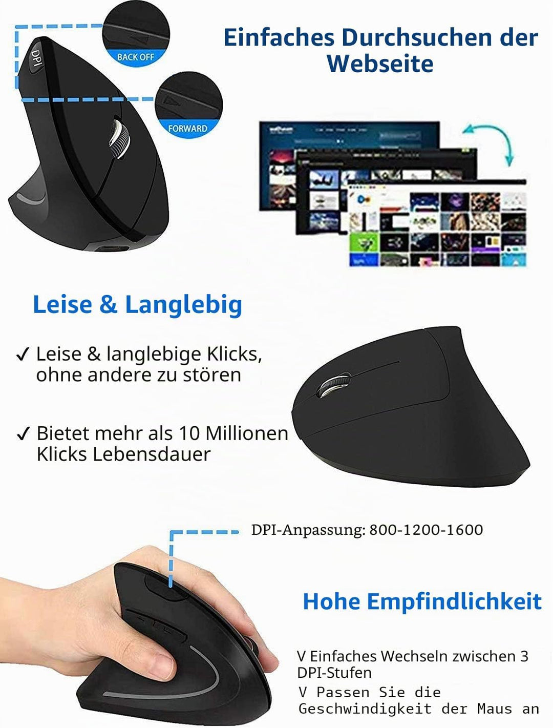 Ergonomische Funkmaus für Linkshänder, Vertikale Kabellose Maus DPI 800/1200/1600 Einstellbar mit US
