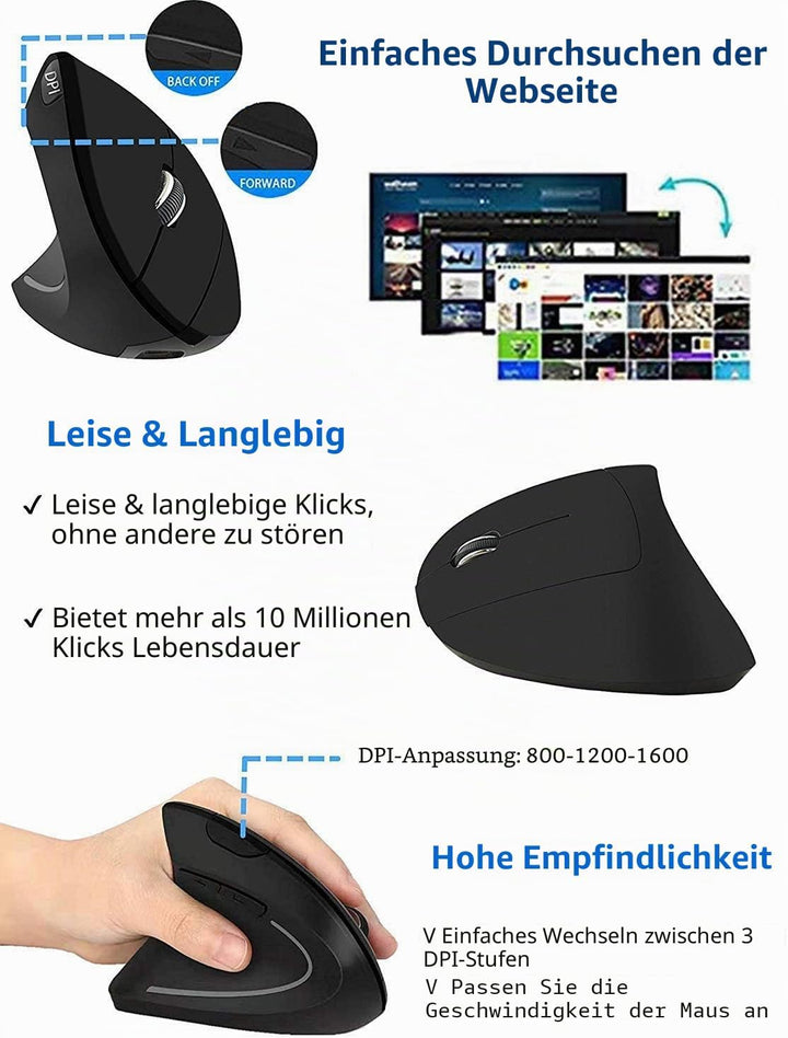 Ergonomische Funkmaus für Linkshänder, Vertikale Kabellose Maus DPI 800/1200/1600 Einstellbar mit US