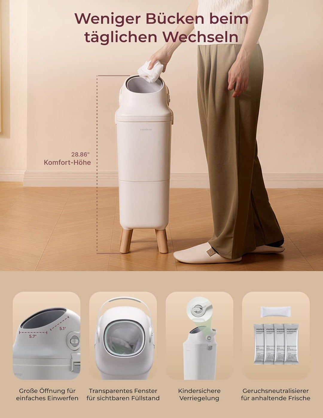 Momcozy Windeleimer mit 3-fach-Verschlusssystem zur Reduzierung von Gerüchen, windeleimer geruchsdic