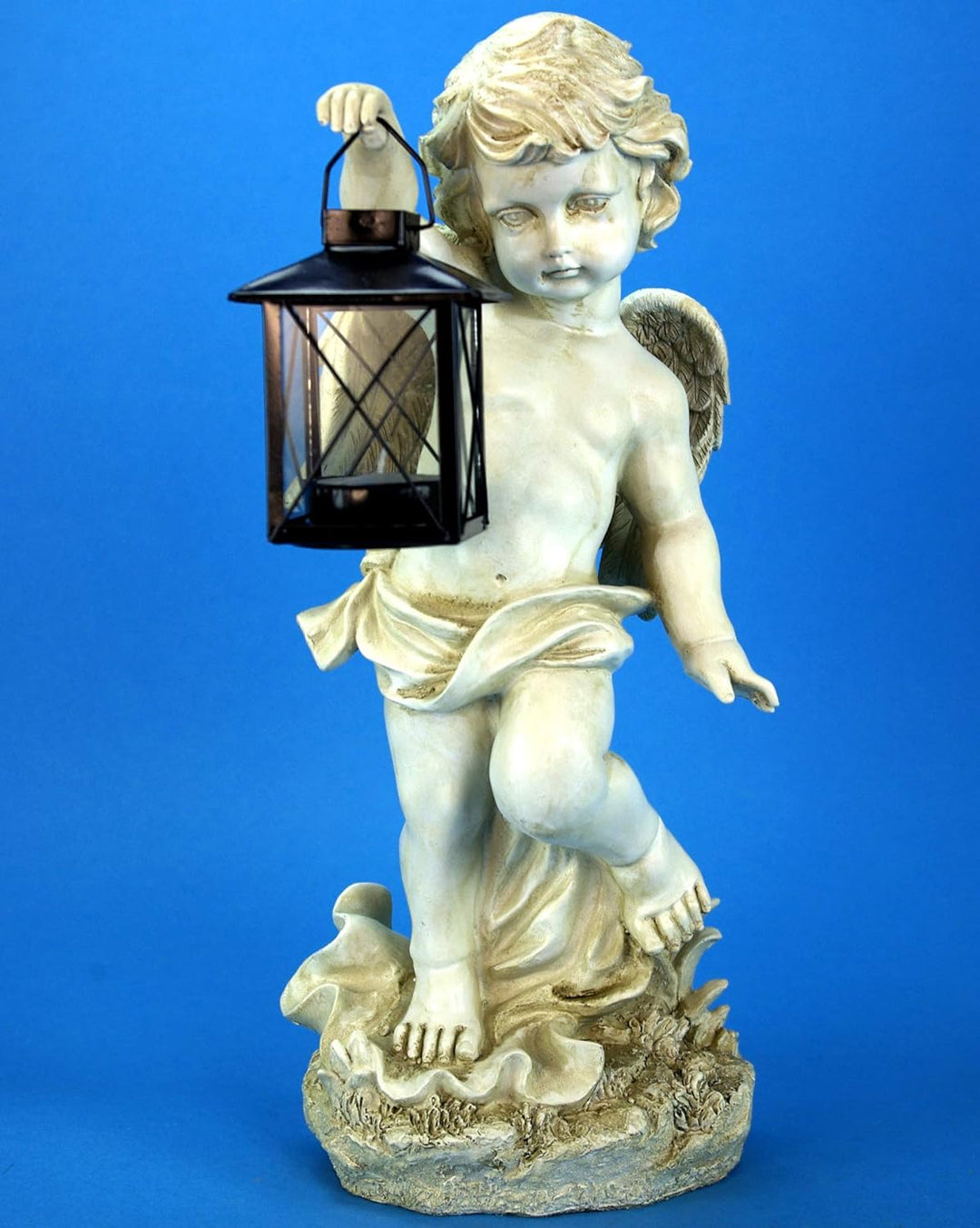 GeKi Trend 2er Set Engel Figuren mit Laterne Dekofigur Putte frostfest Gartendeko antik weiss Grabsc