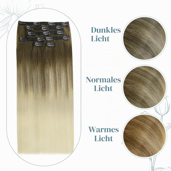 RUNATURE Echthaar Extensions Clip Balayage Braun Blond Clip in Extensions Echthaar 40cm Glatt Haarve