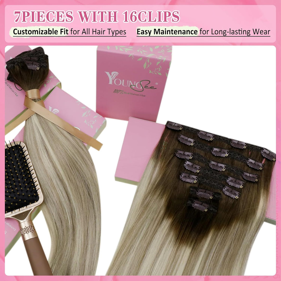 YoungSee Echthaar Extensions Clip Balayage Clip in Extensions Echthaar Braun Blond 35cm Extensions C